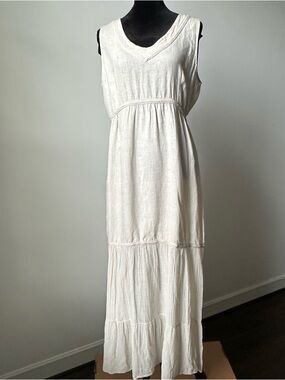 VIA SIGNORIA Italy Women's Linen Sleeveless Lt Khaki Tiered Maxi  Dress Sz L